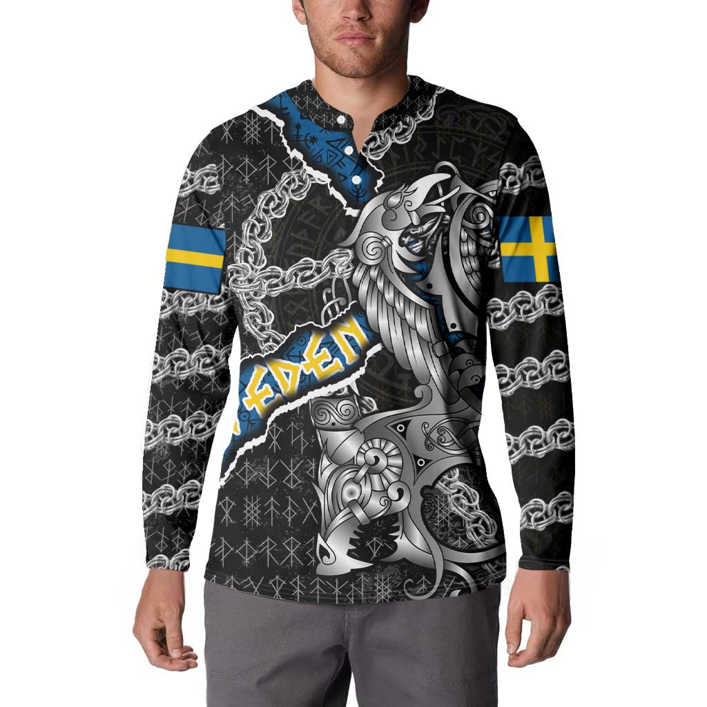 Personalized Sweden Vikings Button Sweatshirt Nordic Lion Bound in Runes and Chains