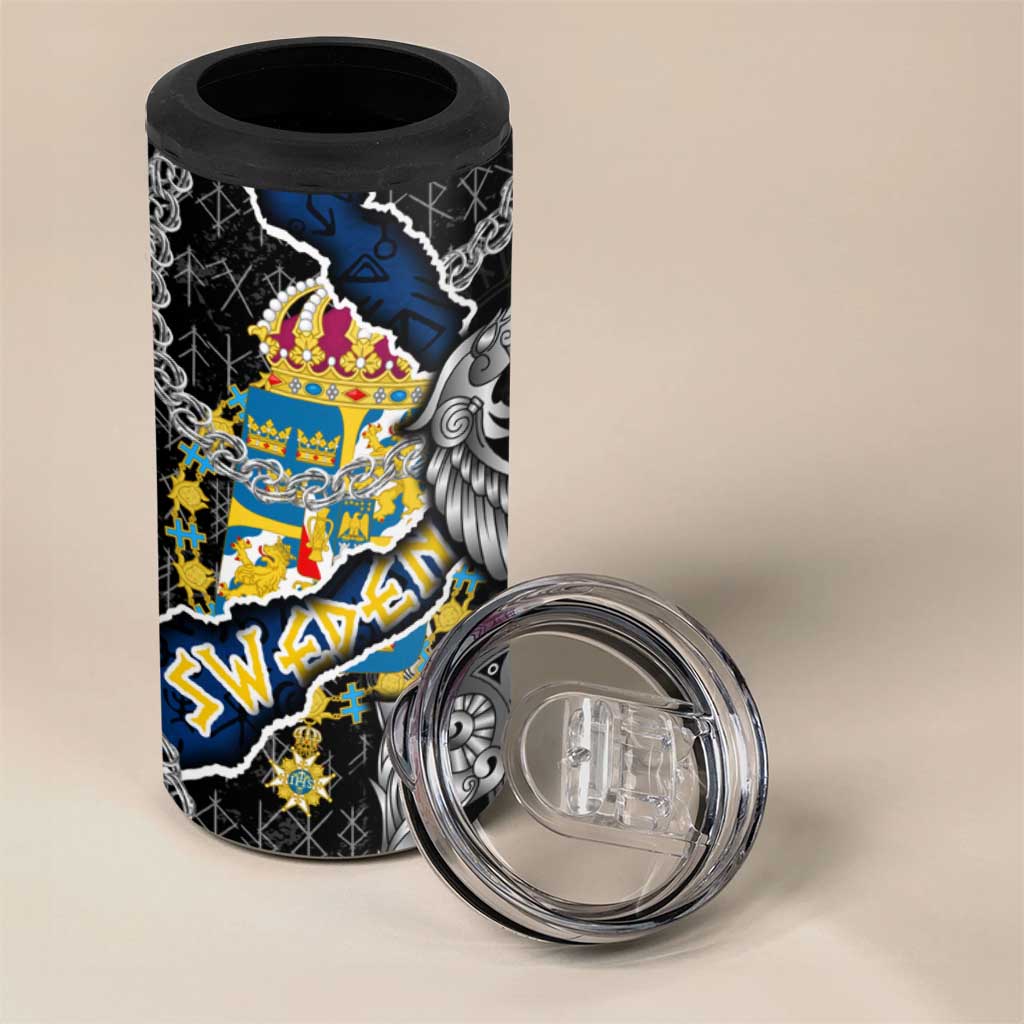 Sweden Vikings 4 in 1 Can Cooler Tumbler Nordic Lion Bound in Runes and Chains