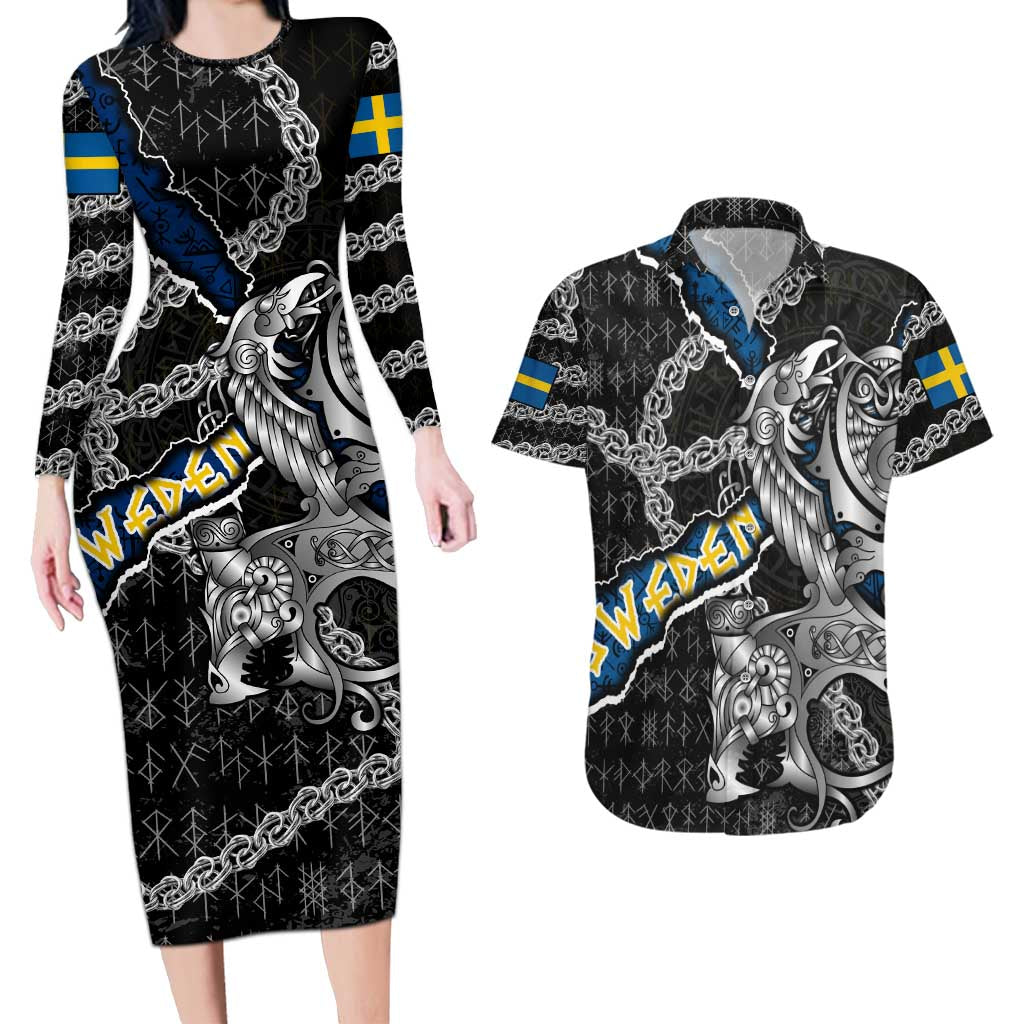 Personalized Sweden Vikings Couples Matching Long Sleeve Bodycon Dress and Hawaiian Shirt Nordic Lion Bound in Runes and Chains
