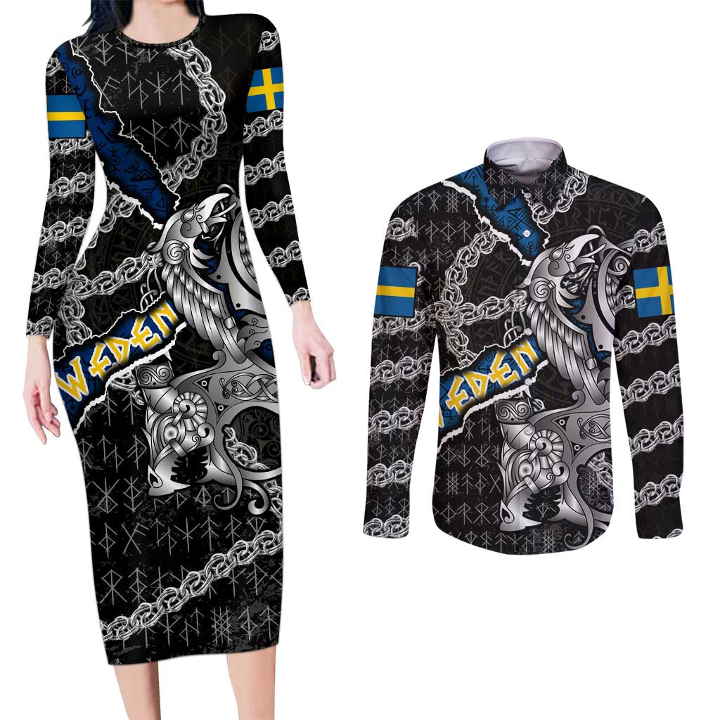 Personalized Sweden Vikings Couples Matching Long Sleeve Bodycon Dress and Long Sleeve Button Shirt Nordic Lion Bound in Runes and Chains