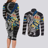Personalized Sweden Vikings Couples Matching Long Sleeve Bodycon Dress and Long Sleeve Button Shirt Nordic Lion Bound in Runes and Chains
