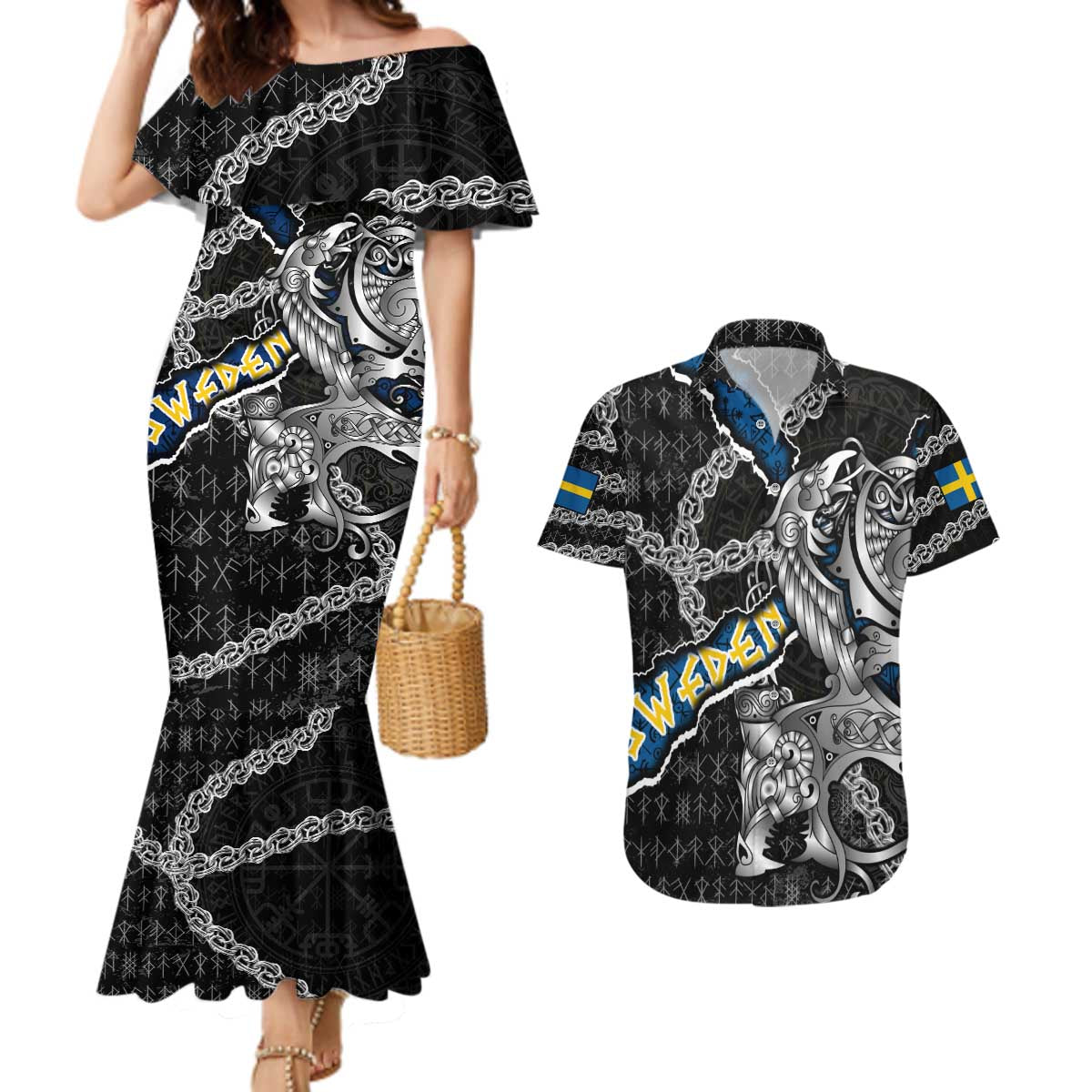Personalized Sweden Vikings Couples Matching Mermaid Dress and Hawaiian Shirt Nordic Lion Bound in Runes and Chains