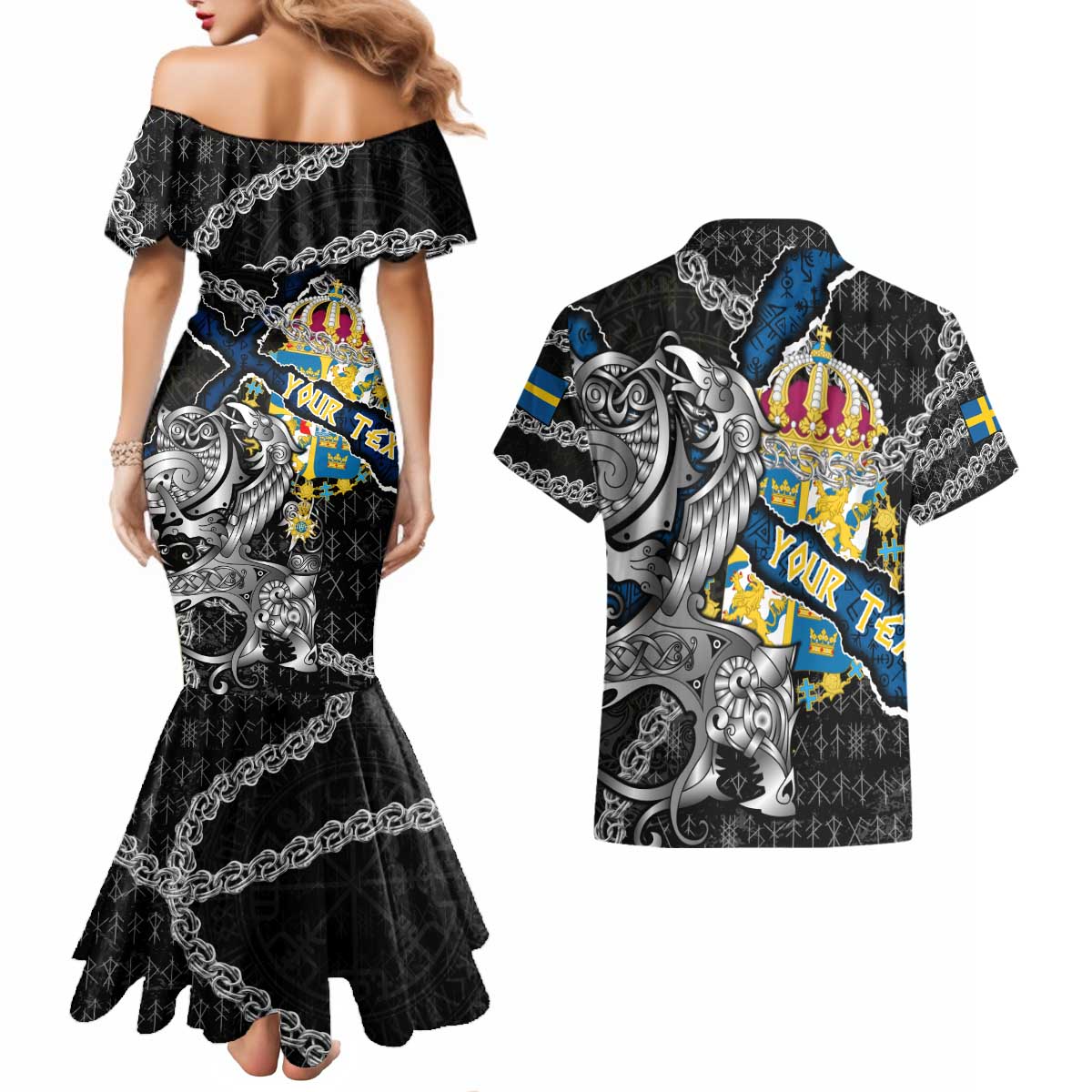 Personalized Sweden Vikings Couples Matching Mermaid Dress and Hawaiian Shirt Nordic Lion Bound in Runes and Chains