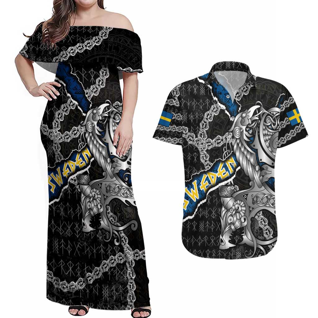 Personalized Sweden Vikings Couples Matching Off Shoulder Maxi Dress and Hawaiian Shirt Nordic Lion Bound in Runes and Chains