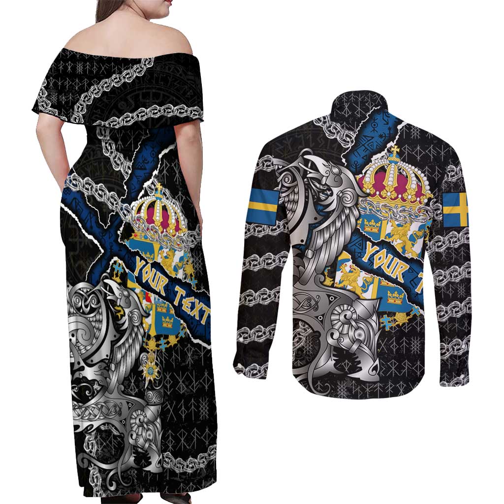 Personalized Sweden Vikings Couples Matching Off Shoulder Maxi Dress and Long Sleeve Button Shirt Nordic Lion Bound in Runes and Chains