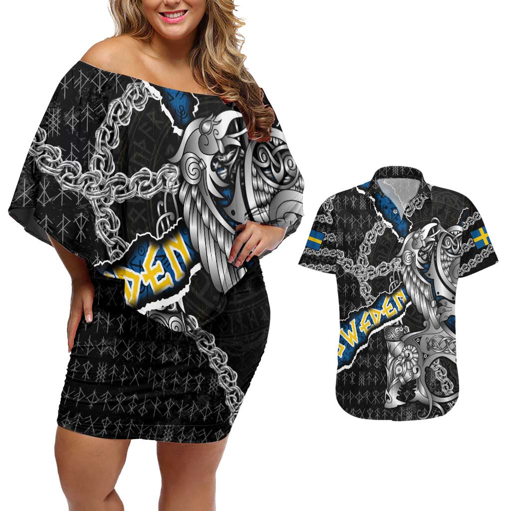 Personalized Sweden Vikings Couples Matching Off Shoulder Short Dress and Hawaiian Shirt Nordic Lion Bound in Runes and Chains