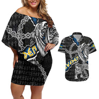 Personalized Sweden Vikings Couples Matching Off Shoulder Short Dress and Hawaiian Shirt Nordic Lion Bound in Runes and Chains