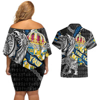 Personalized Sweden Vikings Couples Matching Off Shoulder Short Dress and Hawaiian Shirt Nordic Lion Bound in Runes and Chains