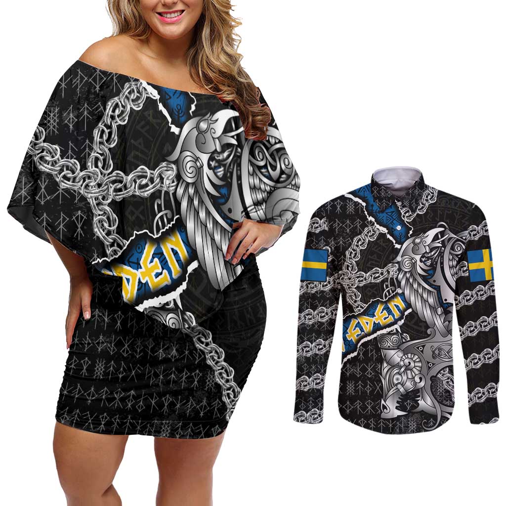 Personalized Sweden Vikings Couples Matching Off Shoulder Short Dress and Long Sleeve Button Shirt Nordic Lion Bound in Runes and Chains