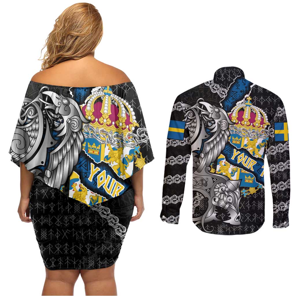 Personalized Sweden Vikings Couples Matching Off Shoulder Short Dress and Long Sleeve Button Shirt Nordic Lion Bound in Runes and Chains