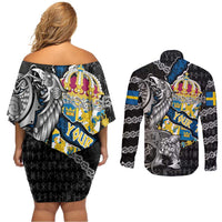 Personalized Sweden Vikings Couples Matching Off Shoulder Short Dress and Long Sleeve Button Shirt Nordic Lion Bound in Runes and Chains