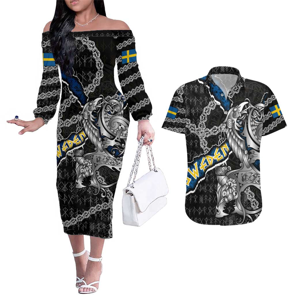 Personalized Sweden Vikings Couples Matching Off The Shoulder Long Sleeve Dress and Hawaiian Shirt Nordic Lion Bound in Runes and Chains