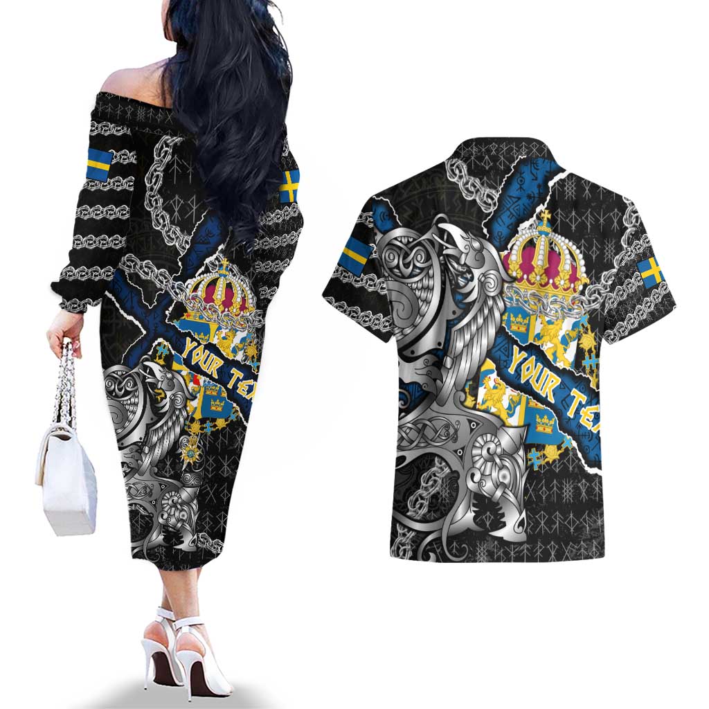 Personalized Sweden Vikings Couples Matching Off The Shoulder Long Sleeve Dress and Hawaiian Shirt Nordic Lion Bound in Runes and Chains