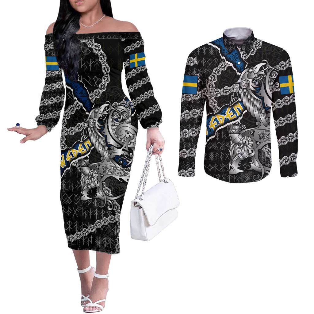 Personalized Sweden Vikings Couples Matching Off The Shoulder Long Sleeve Dress and Long Sleeve Button Shirt Nordic Lion Bound in Runes and Chains