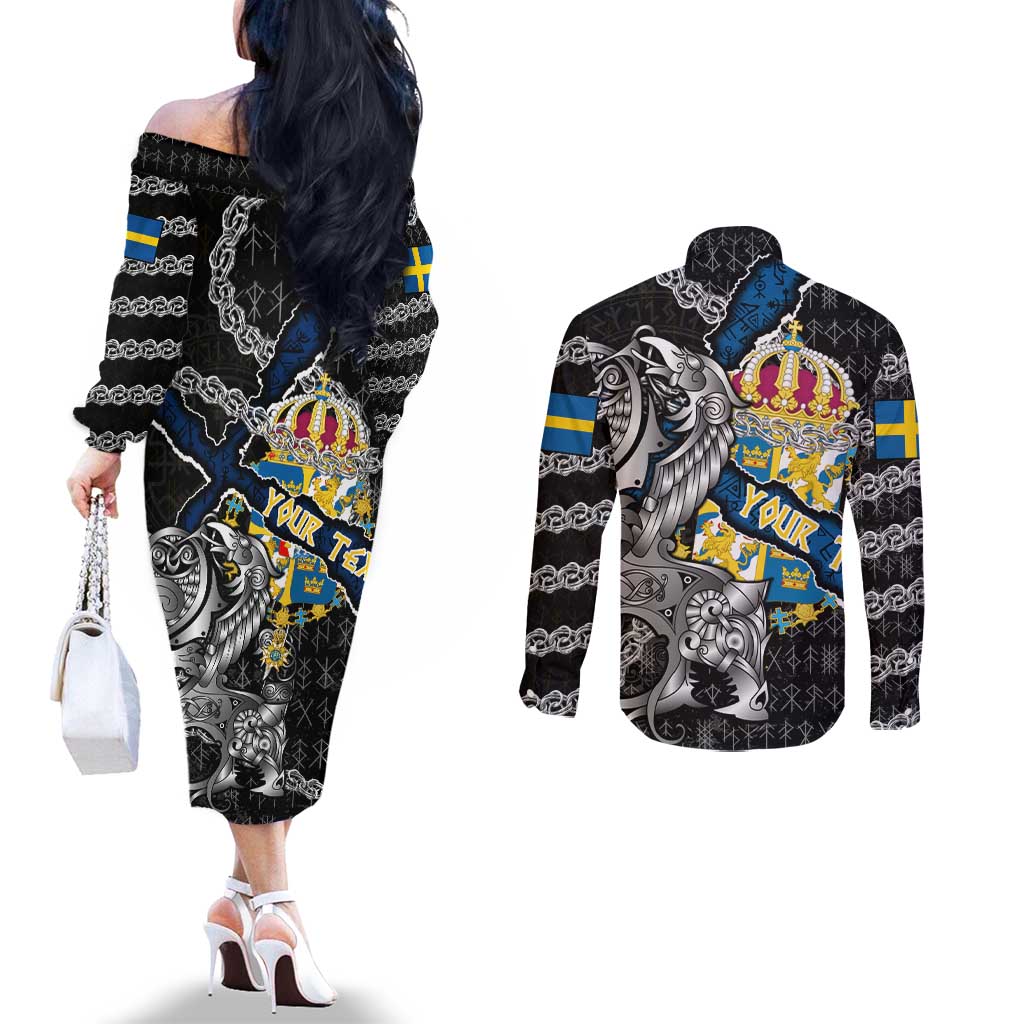 Personalized Sweden Vikings Couples Matching Off The Shoulder Long Sleeve Dress and Long Sleeve Button Shirt Nordic Lion Bound in Runes and Chains