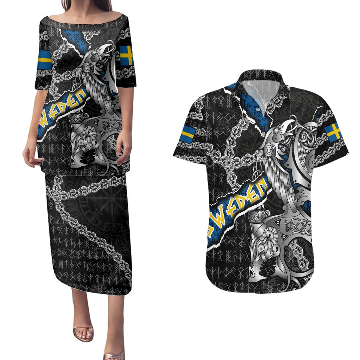 Personalized Sweden Vikings Couples Matching Puletasi and Hawaiian Shirt Nordic Lion Bound in Runes and Chains
