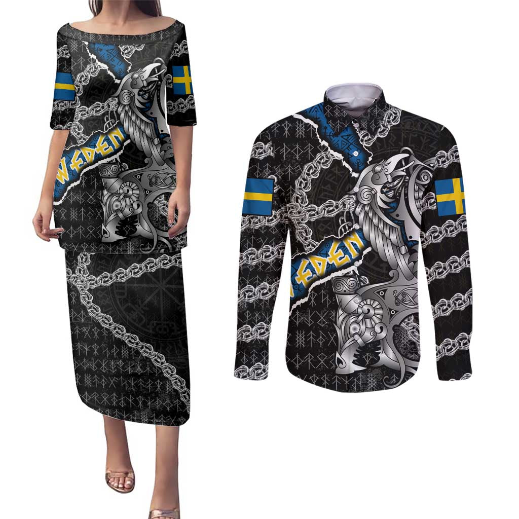 Personalized Sweden Vikings Couples Matching Puletasi and Long Sleeve Button Shirt Nordic Lion Bound in Runes and Chains