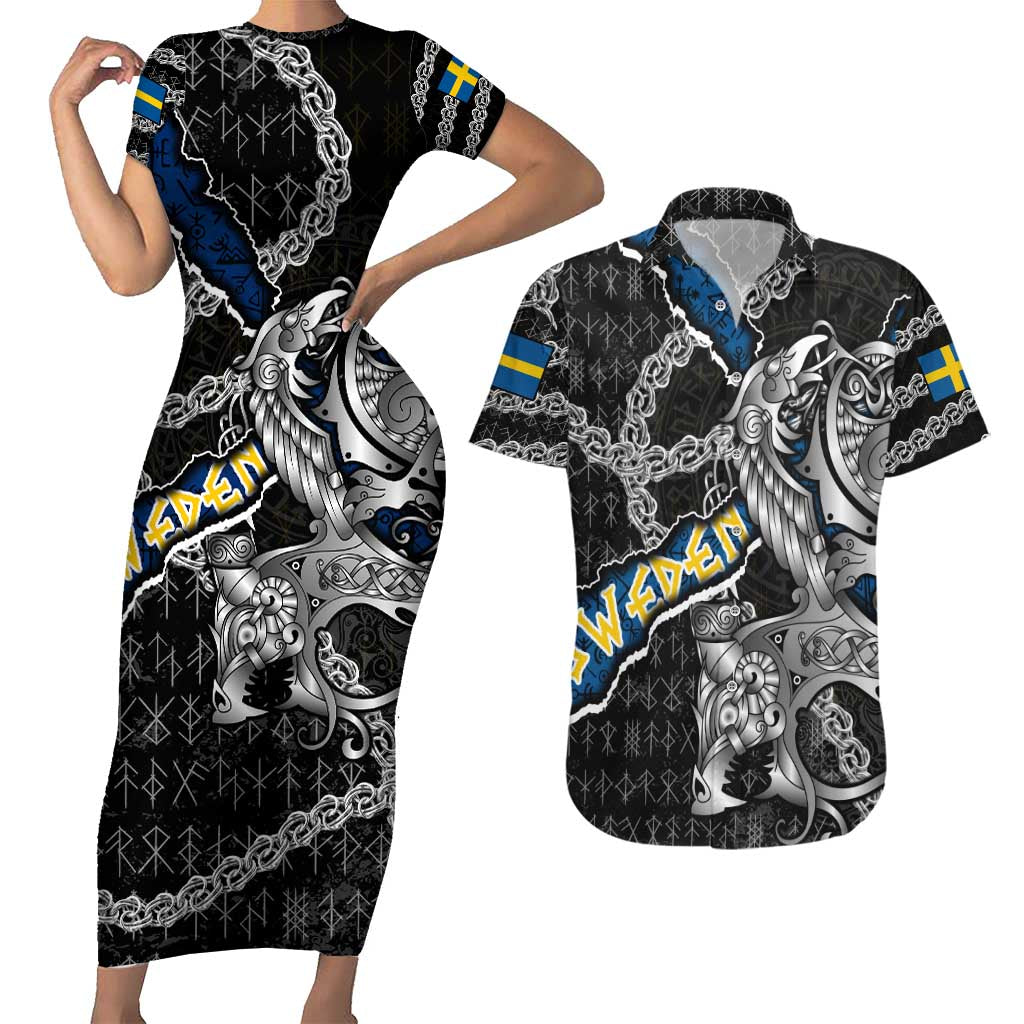 Personalized Sweden Vikings Couples Matching Short Sleeve Bodycon Dress and Hawaiian Shirt Nordic Lion Bound in Runes and Chains