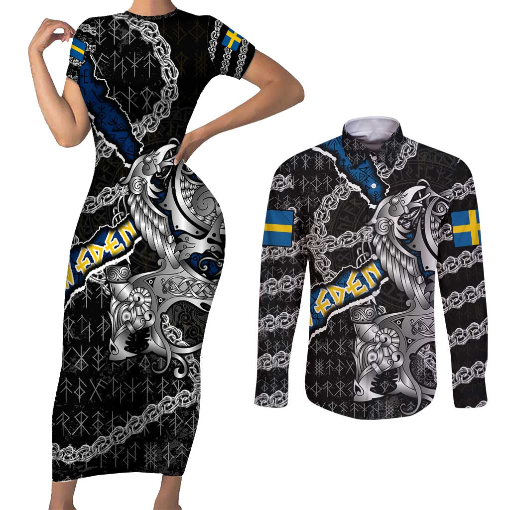 Personalized Sweden Vikings Couples Matching Short Sleeve Bodycon Dress and Long Sleeve Button Shirt Nordic Lion Bound in Runes and Chains
