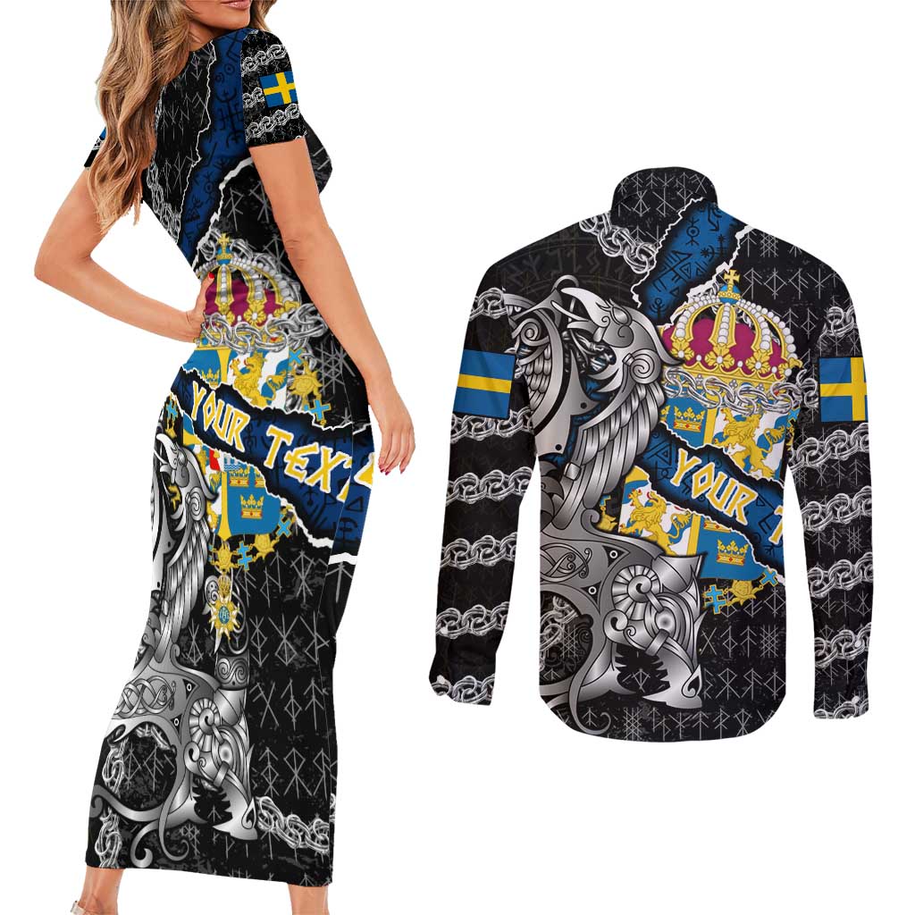 Personalized Sweden Vikings Couples Matching Short Sleeve Bodycon Dress and Long Sleeve Button Shirt Nordic Lion Bound in Runes and Chains