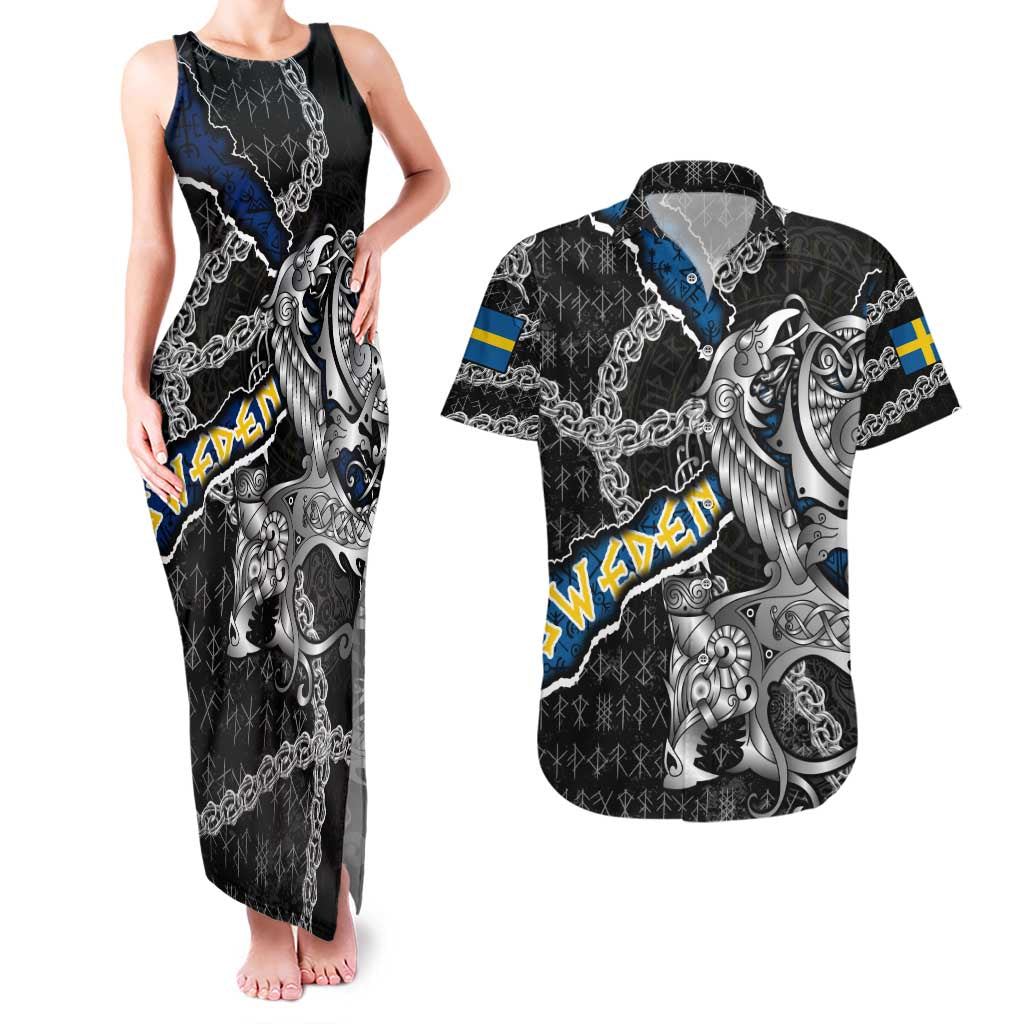 Personalized Sweden Vikings Couples Matching Tank Maxi Dress and Hawaiian Shirt Nordic Lion Bound in Runes and Chains