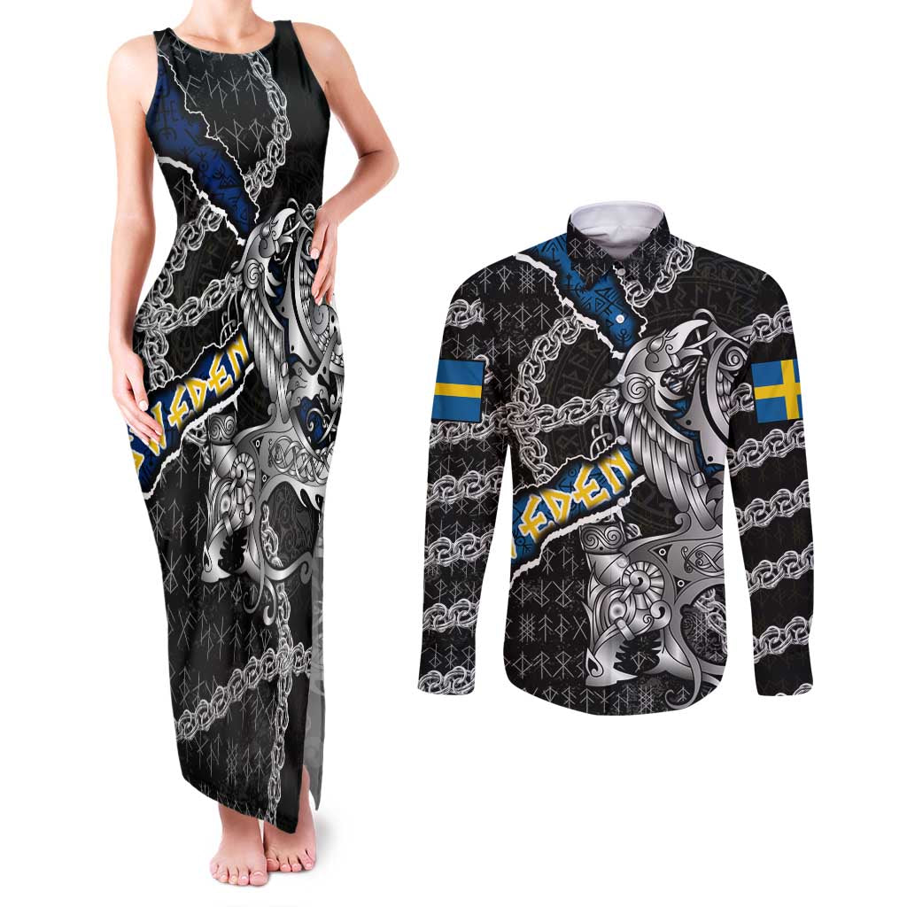 Personalized Sweden Vikings Couples Matching Tank Maxi Dress and Long Sleeve Button Shirt Nordic Lion Bound in Runes and Chains