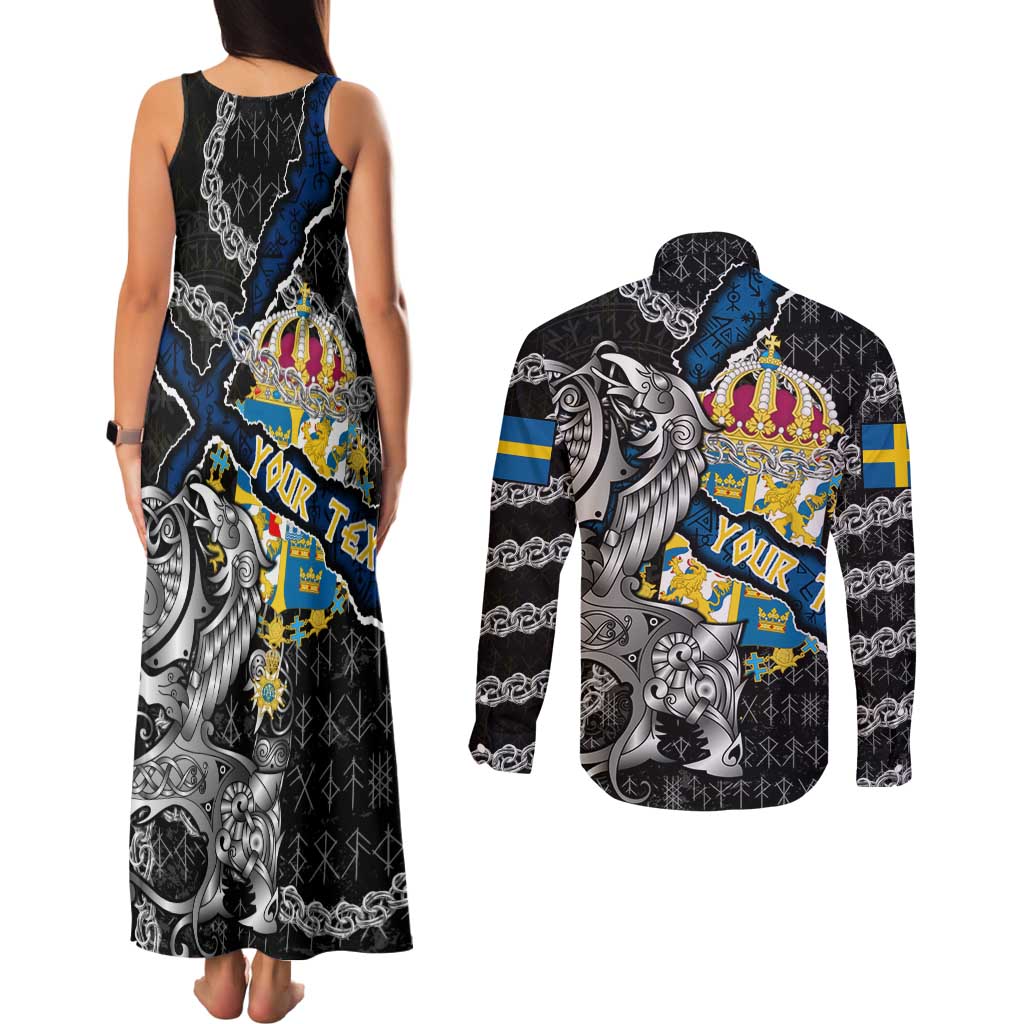Personalized Sweden Vikings Couples Matching Tank Maxi Dress and Long Sleeve Button Shirt Nordic Lion Bound in Runes and Chains