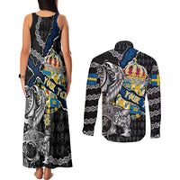 Personalized Sweden Vikings Couples Matching Tank Maxi Dress and Long Sleeve Button Shirt Nordic Lion Bound in Runes and Chains