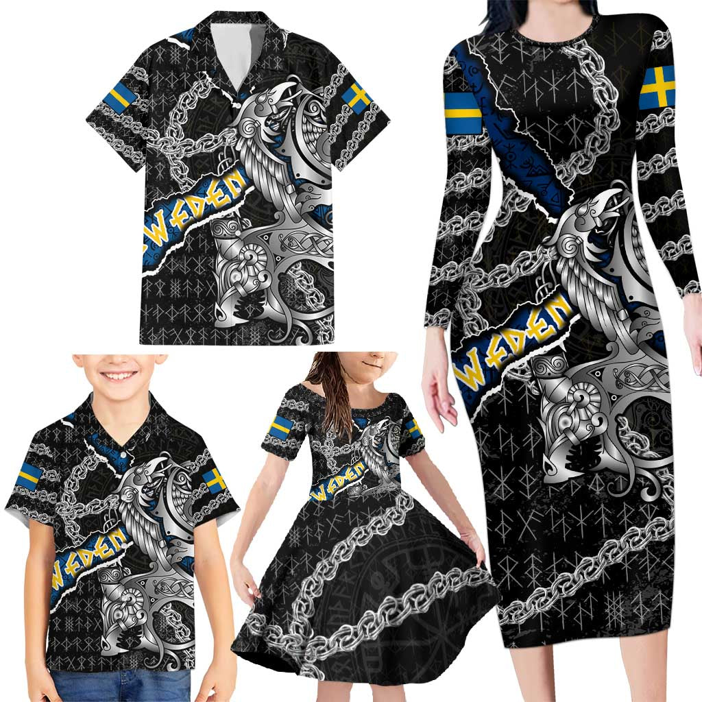 Personalized Sweden Vikings Family Matching Long Sleeve Bodycon Dress and Hawaiian Shirt Nordic Lion Bound in Runes and Chains