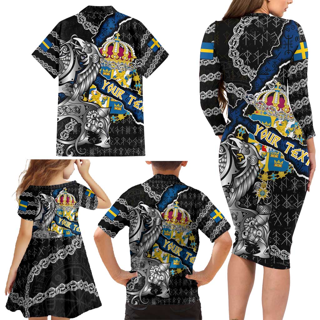 Personalized Sweden Vikings Family Matching Long Sleeve Bodycon Dress and Hawaiian Shirt Nordic Lion Bound in Runes and Chains