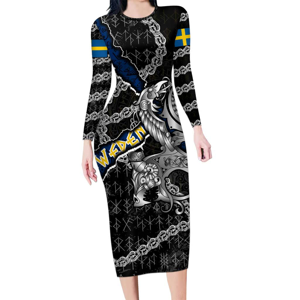Personalized Sweden Vikings Family Matching Long Sleeve Bodycon Dress and Hawaiian Shirt Nordic Lion Bound in Runes and Chains
