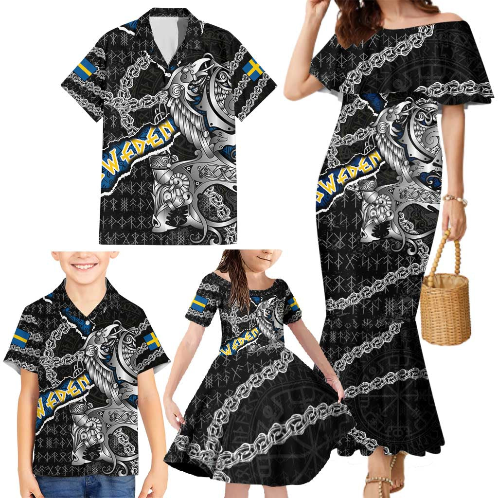 Personalized Sweden Vikings Family Matching Mermaid Dress and Hawaiian Shirt Nordic Lion Bound in Runes and Chains