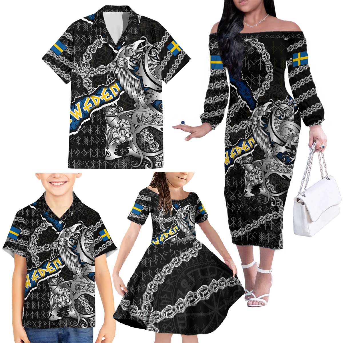 Personalized Sweden Vikings Family Matching Off The Shoulder Long Sleeve Dress and Hawaiian Shirt Nordic Lion Bound in Runes and Chains