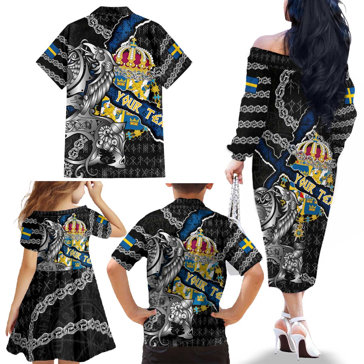 Personalized Sweden Vikings Family Matching Off The Shoulder Long Sleeve Dress and Hawaiian Shirt Nordic Lion Bound in Runes and Chains