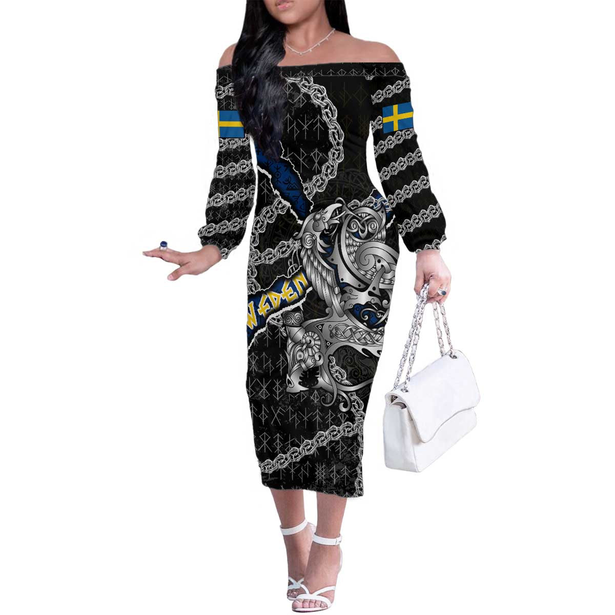 Personalized Sweden Vikings Family Matching Off The Shoulder Long Sleeve Dress and Hawaiian Shirt Nordic Lion Bound in Runes and Chains
