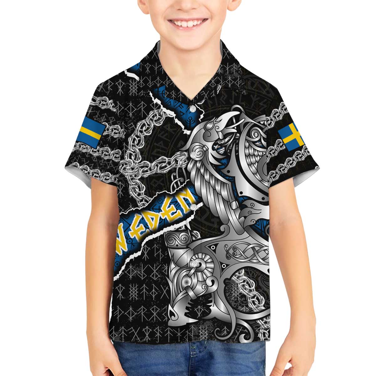 Personalized Sweden Vikings Family Matching Off The Shoulder Long Sleeve Dress and Hawaiian Shirt Nordic Lion Bound in Runes and Chains