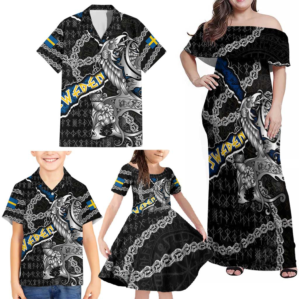 Personalized Sweden Vikings Family Matching Off Shoulder Maxi Dress and Hawaiian Shirt Nordic Lion Bound in Runes and Chains