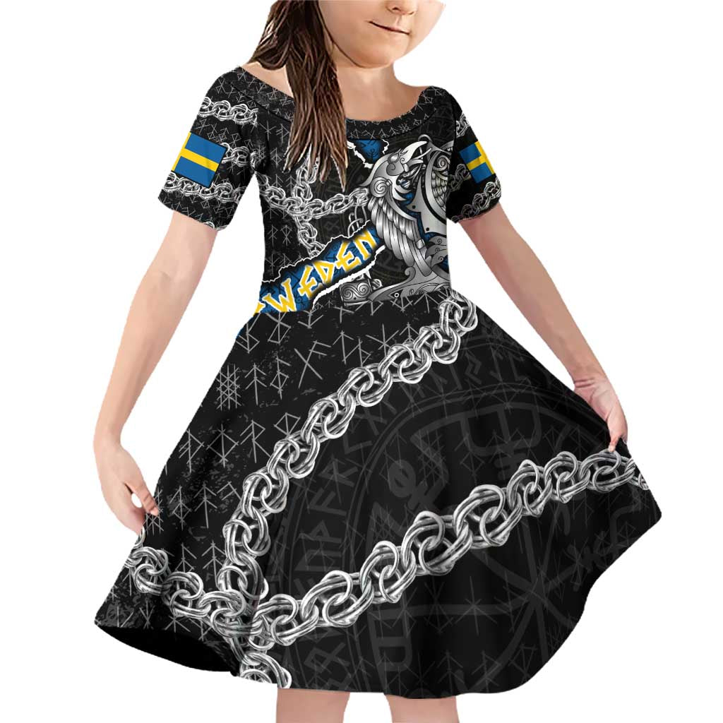 Personalized Sweden Vikings Family Matching Off Shoulder Short Dress and Hawaiian Shirt Nordic Lion Bound in Runes and Chains