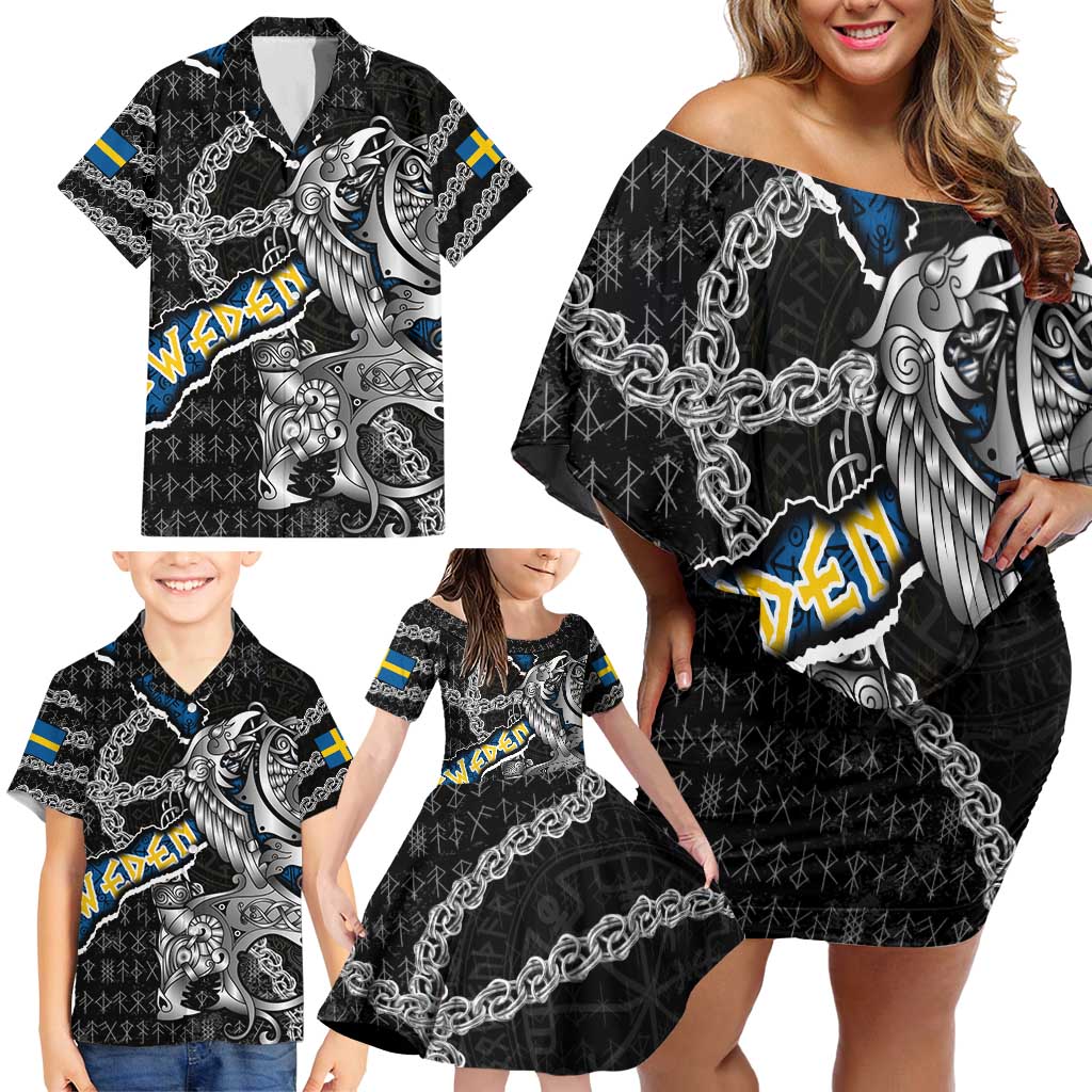 Personalized Sweden Vikings Family Matching Off Shoulder Short Dress and Hawaiian Shirt Nordic Lion Bound in Runes and Chains