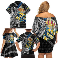 Personalized Sweden Vikings Family Matching Off Shoulder Short Dress and Hawaiian Shirt Nordic Lion Bound in Runes and Chains