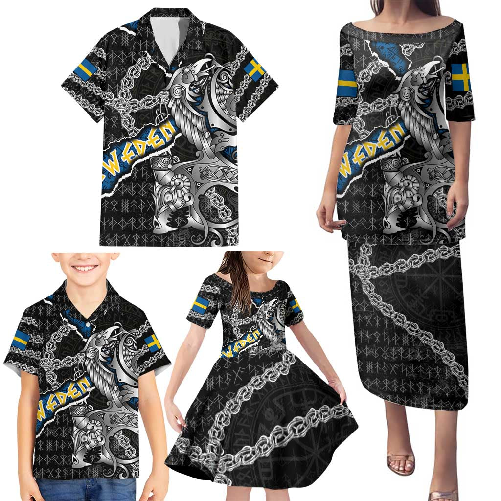 Personalized Sweden Vikings Family Matching Puletasi and Hawaiian Shirt Nordic Lion Bound in Runes and Chains