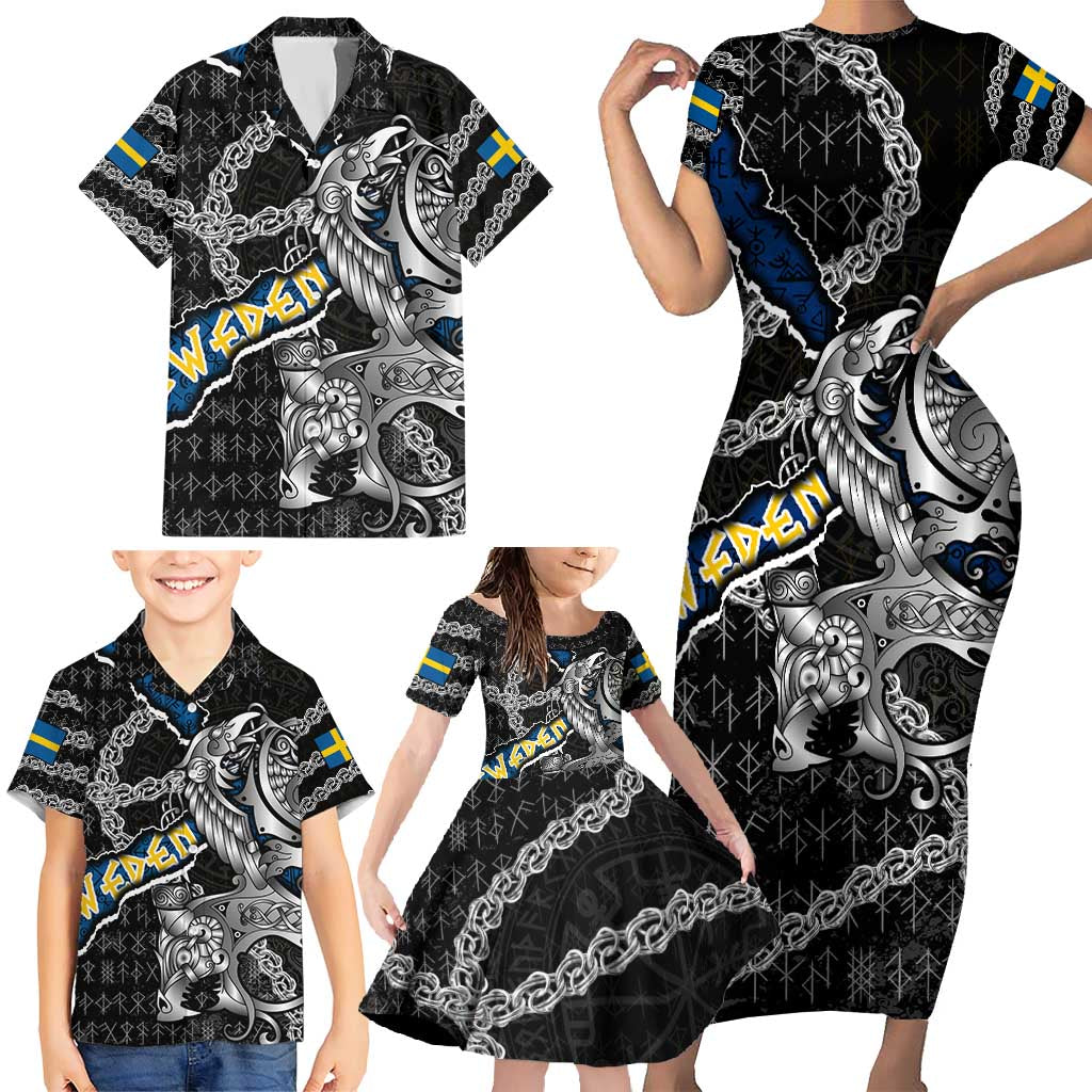 Personalized Sweden Vikings Family Matching Short Sleeve Bodycon Dress and Hawaiian Shirt Nordic Lion Bound in Runes and Chains