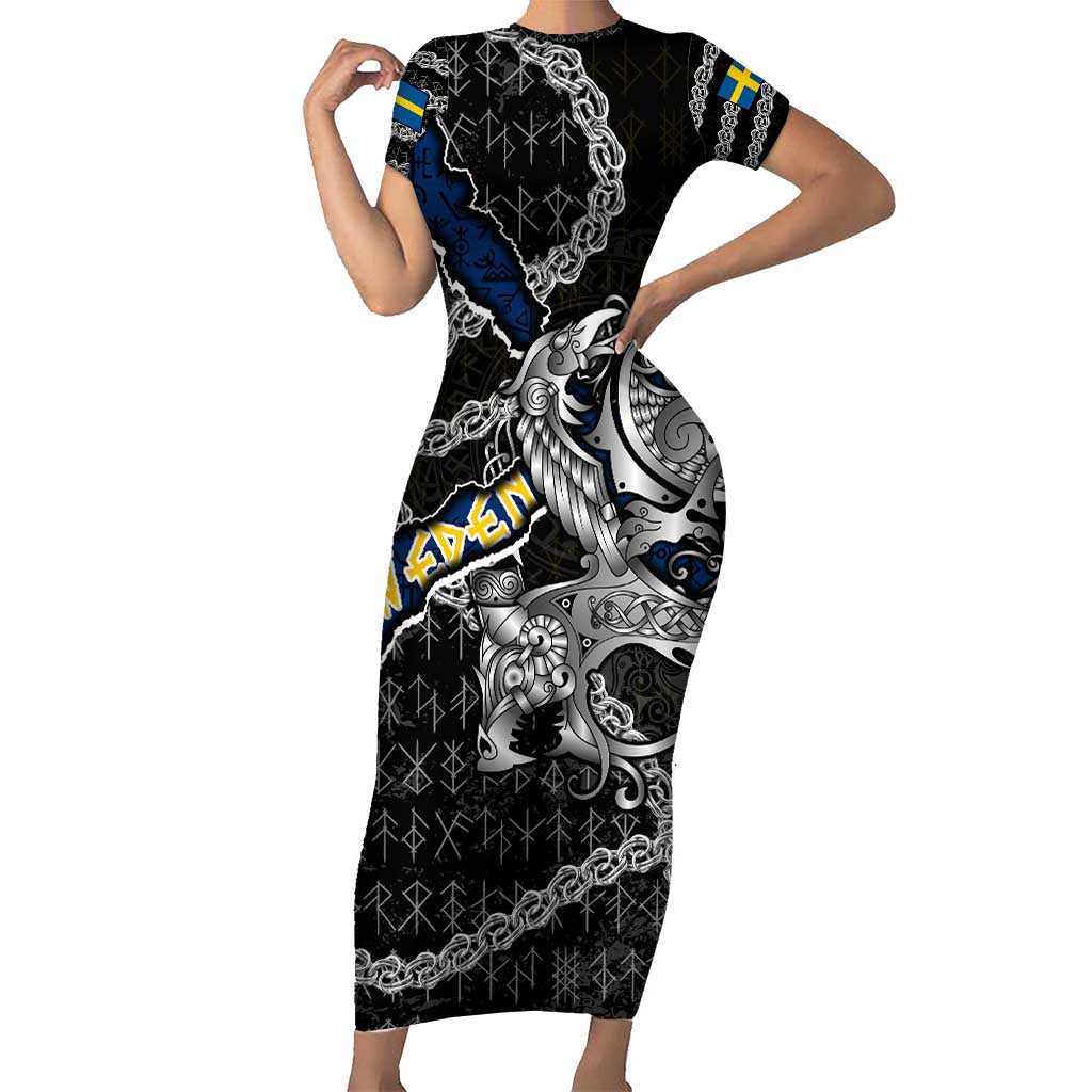 Personalized Sweden Vikings Family Matching Short Sleeve Bodycon Dress and Hawaiian Shirt Nordic Lion Bound in Runes and Chains