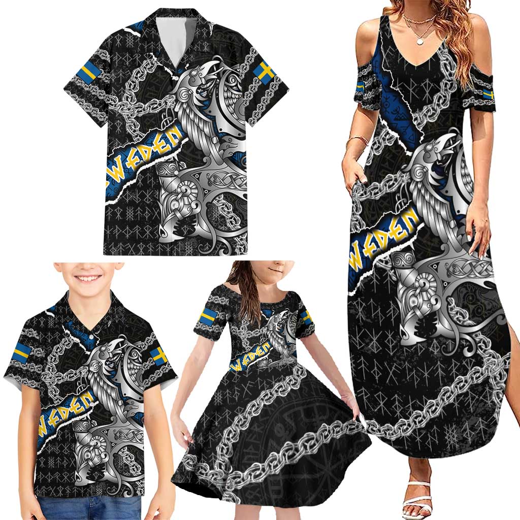 Personalized Sweden Vikings Family Matching Summer Maxi Dress and Hawaiian Shirt Nordic Lion Bound in Runes and Chains
