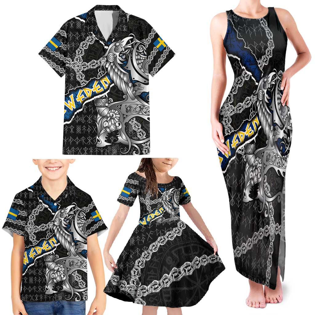 Personalized Sweden Vikings Family Matching Tank Maxi Dress and Hawaiian Shirt Nordic Lion Bound in Runes and Chains