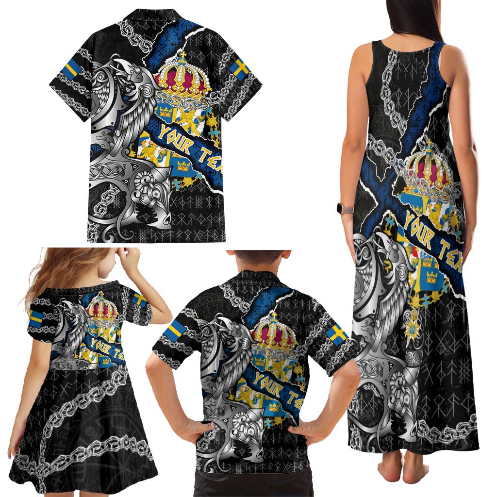 Personalized Sweden Vikings Family Matching Tank Maxi Dress and Hawaiian Shirt Nordic Lion Bound in Runes and Chains