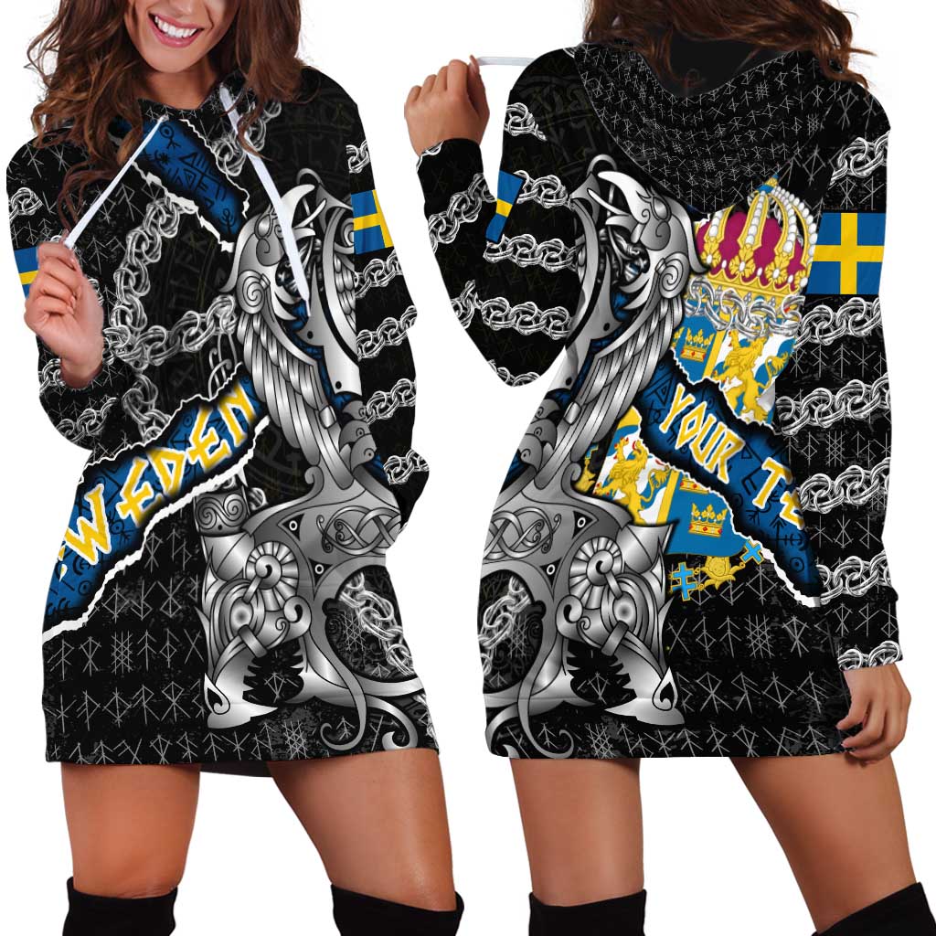 Personalized Sweden Vikings Hoodie Dress Nordic Lion Bound in Runes and Chains
