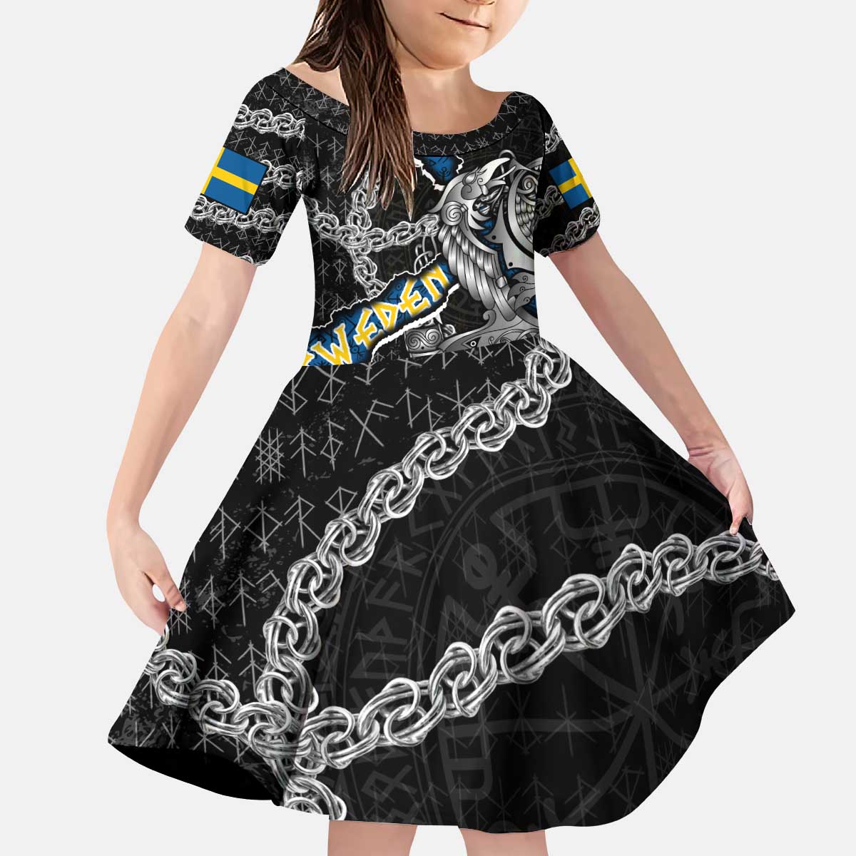 Personalized Sweden Vikings Kid Short Sleeve Dress Nordic Lion Bound in Runes and Chains