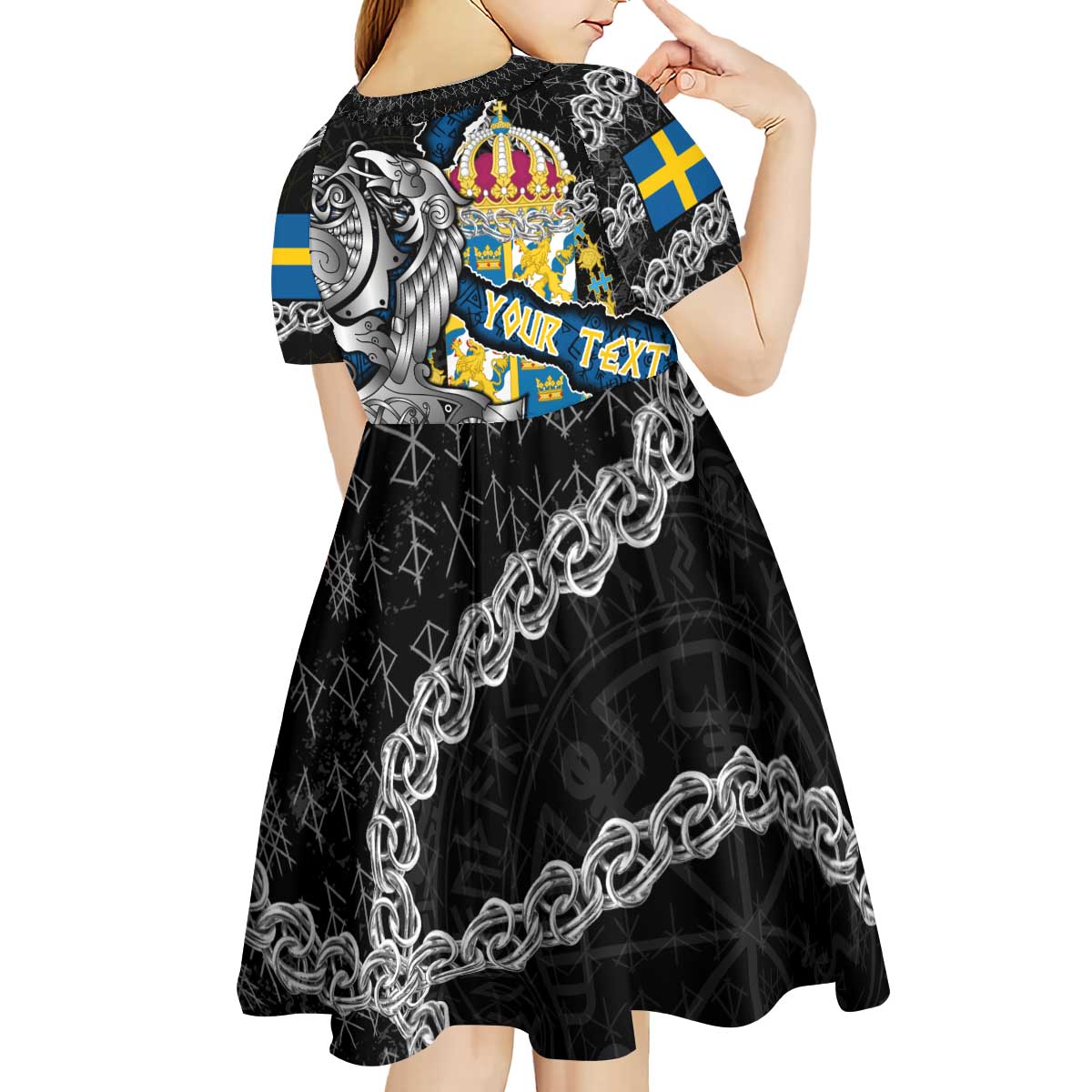 Personalized Sweden Vikings Kid Short Sleeve Dress Nordic Lion Bound in Runes and Chains