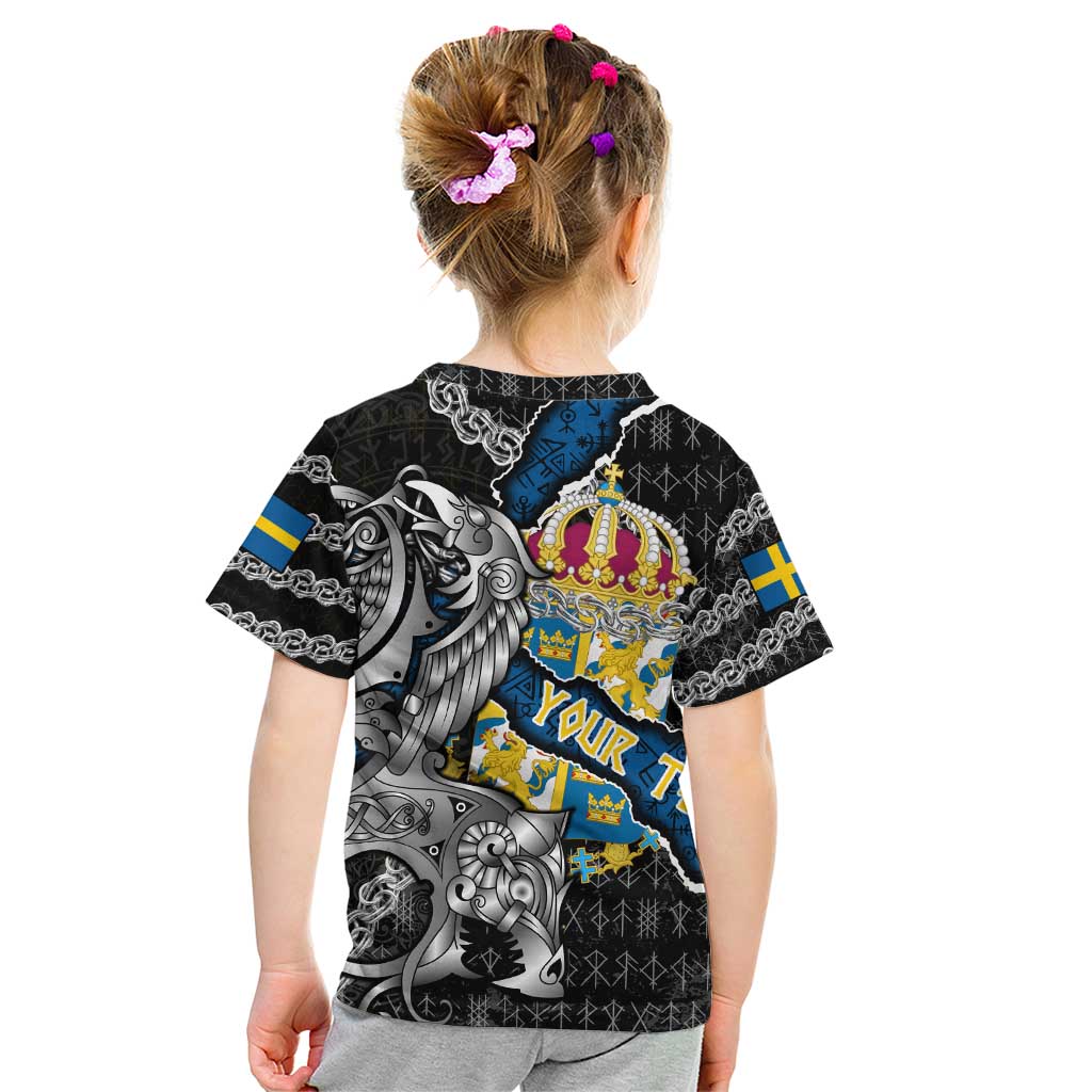 Personalized Sweden Vikings Kid T Shirt Nordic Lion Bound in Runes and Chains